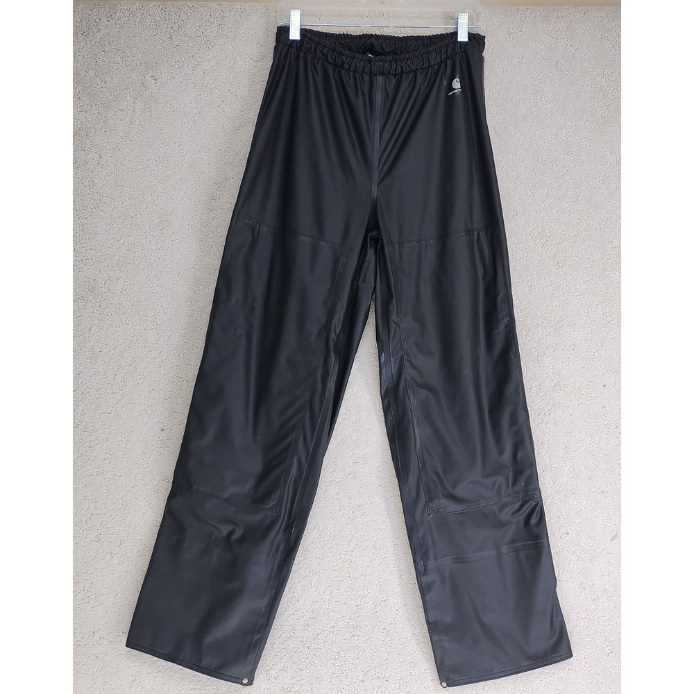 Carhartt Rain Pants Mens S Black Waterproof Snap Hem Elastic Waist Work